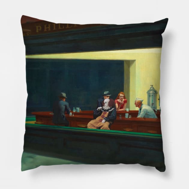 Edward Hopper Nighthawks featuring Famous Scary Clown Pillow by luigi-tarini