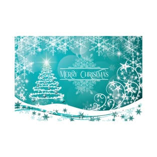 Pretty Xmas Tree and Snowflakes and Merry Christmas Greeting - on Aqua T-Shirt