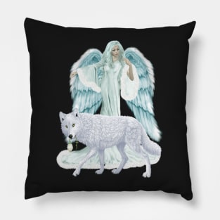 Fantasy Art Winter Angel And Wolf Pillow