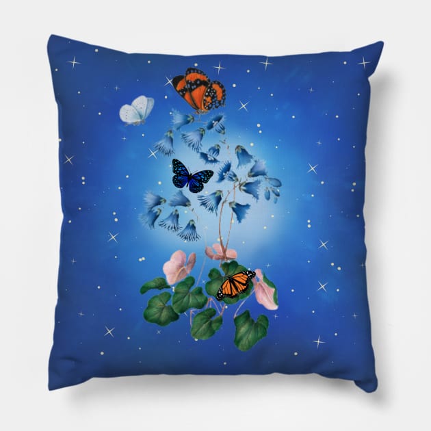 Serenity Blue Floral Design with Butterflies Pillow by Calmavibes