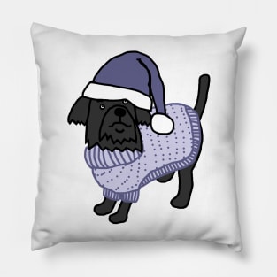 Cute Dog in Christmas Winter Sweater and Blue Hat Pillow