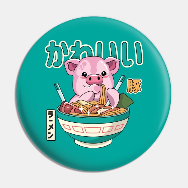 Kawaii Pig Enjoying Ramen Pin by spacedowl