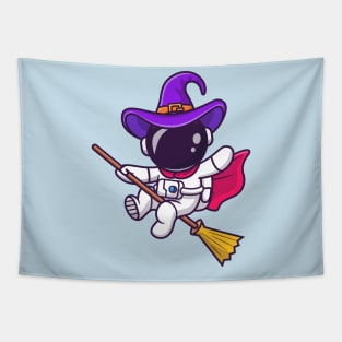 Cute Witch Astronaut Flying With A Magic Broom Cartoon Tapestry