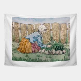 Pilgrim Woman Tending Garden Tapestry