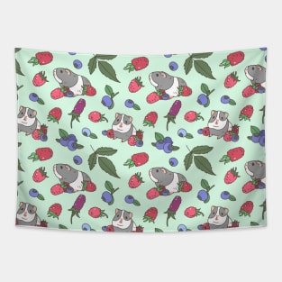 Guinea Pig and Mix Berries Pattern in Mint Green Background Tapestry