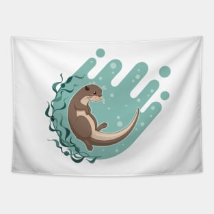 Sea otter floating on water with kelp forest vector illustration Tapestry