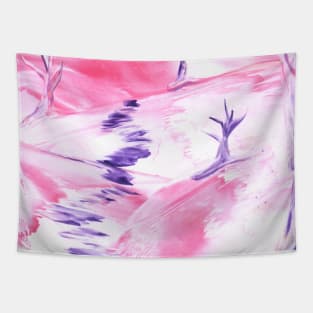 Landscape, pink, spring, nature, trees, art. Hand drawn color illustration, painting, encaustic, wax. Tapestry