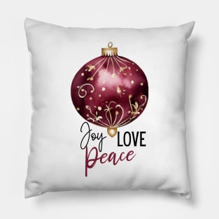 Joy Love and Peace Holiday Ornament in Gold and Burgundy Design Pillow