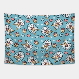 Cute Bubble Tea and Penguin Heart Pattern Tapestry