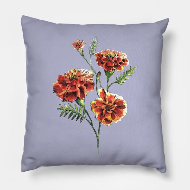 Marigold Flowers Watercolor Painting Pillow by Ratna Arts