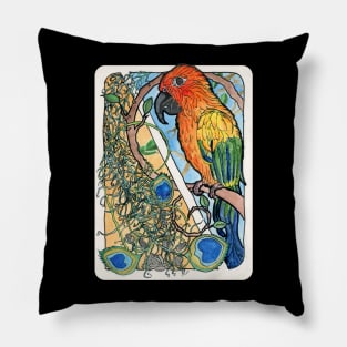 Sun Conure with Feathers and Sunflower Seeds Watercolor Print Pillow