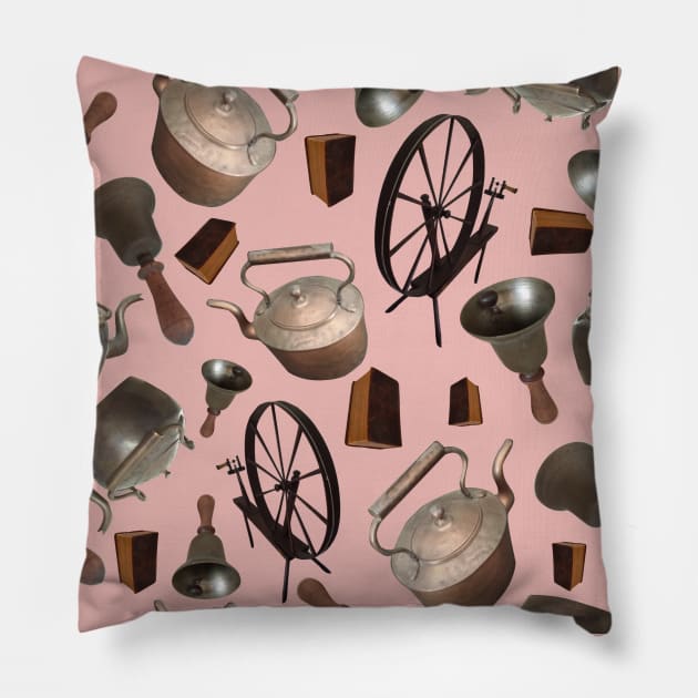 Bells, Books, Spinning Wheels and Kettles on Pink Pillow by ArtticArlo