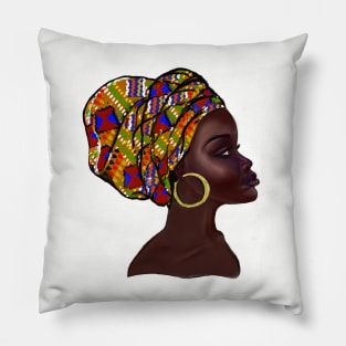 Afro queen With Kinte headwrap- Mahagony brown skin girl with thick glorious, curly Afro Hair and gold hoop earrings Pillow