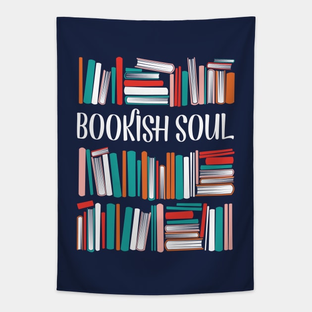 Bookish soul // oxford navy blue bookshelf background orange neon red white and flesh coral books Tapestry by SelmaCardoso