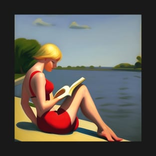 Beautiful blonde chilling out by the lake, vintage style design to celebrate the beauty of women. T-Shirt