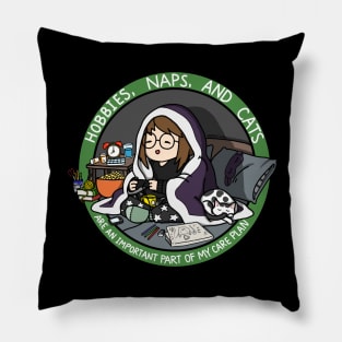 Hobbies, Naps, and Cats (Green) Pillow