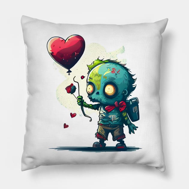 Cute Zombie Lost Heart Ballon or Sad Zombie and Balloon Pillow by MLArtifex