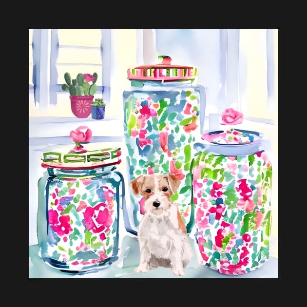 Jack Russell among chinoiserie jars watercolor by SophieClimaArt