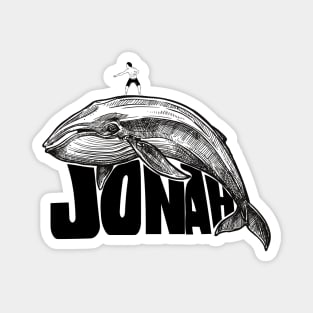 Jonah surfing a whale, funny meme black text Magnet