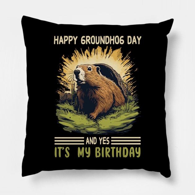 Happy Groundhog Day Funny Birthday Groundhog Lovers Girl Boy Pillow by JUST PINK