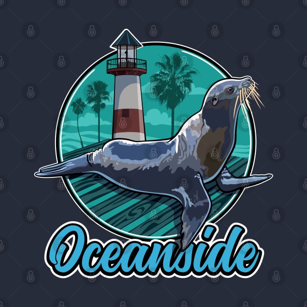 California Sea Lion at Oceanside with Palm trees and Lighthouse by SuburbanCowboy