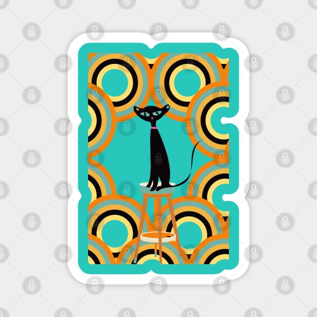 Black Cat Surrounded by Retro Shapes Magnet by Lisa Williams Design