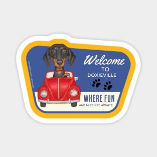 Cute Dachshund driving red car to Doxieville, USA Magnet