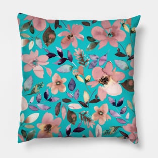 Tropical flowers Peacock blue Pillow