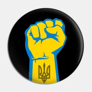 Peace for Ukraine! I Stand With Ukraine. Powerful Freedom, Fist in Ukraine's National Colors of Blue and Gold (Yellow) and Ukraine's Coat of Arms on the Wrist on a Dark Background Pin