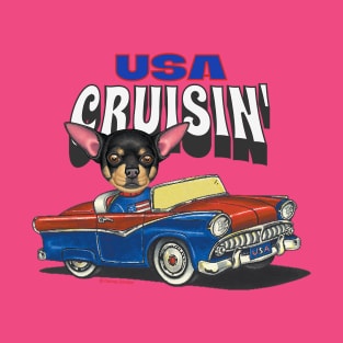 Humorous chihuahua dog driving a classic car through the USA T-Shirt