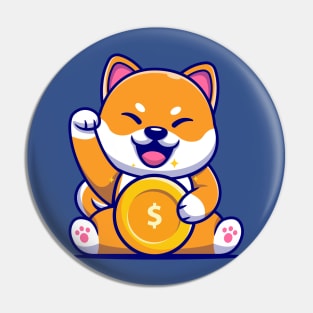 Cute Shiba Inu Dog With Gold Coin Cartoon Pin