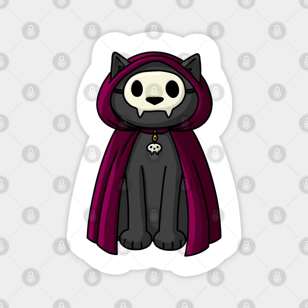 Black cat in robe and skull mask Magnet by Doodlecats 