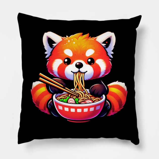 Funny Red Panda Eating Ramen Pillow by Figurely creative