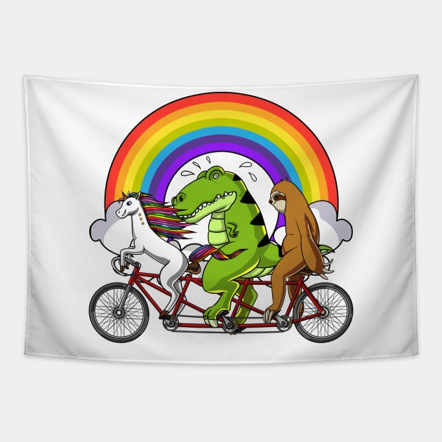 Unicorn Dinosaur Sloth Riding Bicycle Tapestry by underheaven