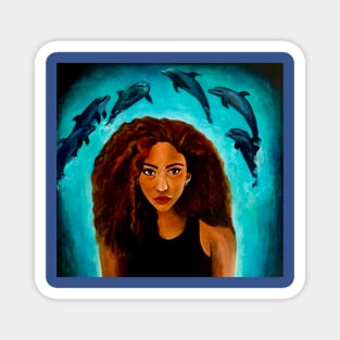 Woman with dolphins swimming Magnet