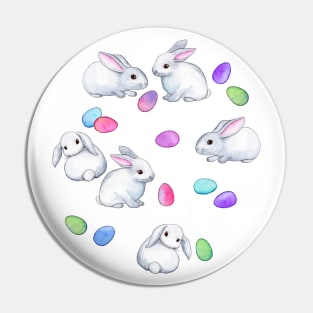 Easter Bunnies with Rainbow Pastel Eggs on white Pin