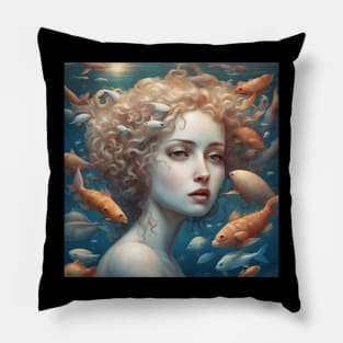 Young Woman Portrait Underwater with Sea Wildlife Pillow