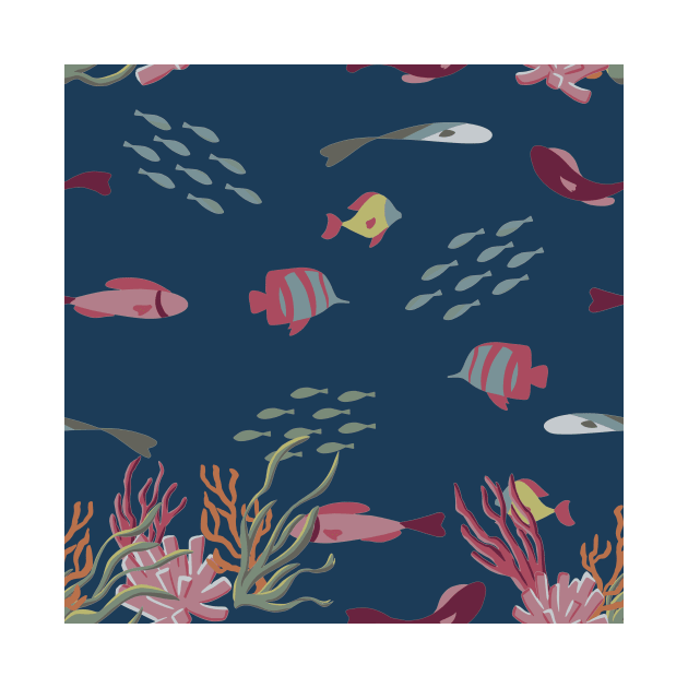 Fish, Coral, and Seaweed on Navy Condensed by A2Gretchen