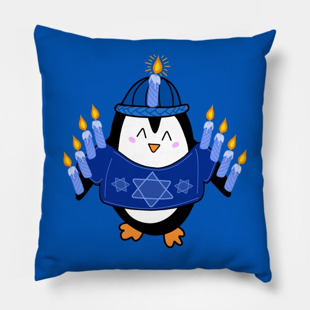 Cute Hanukkah Penguin Dressed as a Menorah on a Blue Backdrop, made by EndlessEmporium Pillow by EndlessEmporium