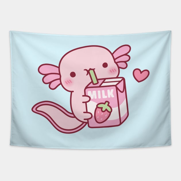 Cute Axolotl Drinking Strawberry Milk Tapestry by rustydoodle