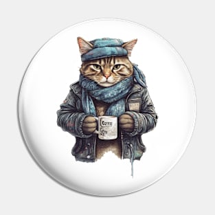 Cat wearing a jackets holding a cup coffee Pin