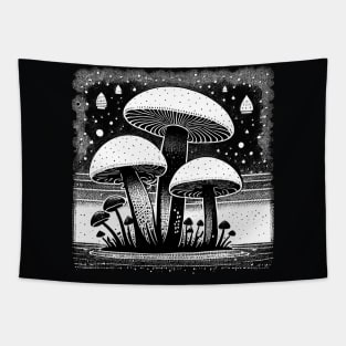 Black and White Mushroom Lino Print Tapestry