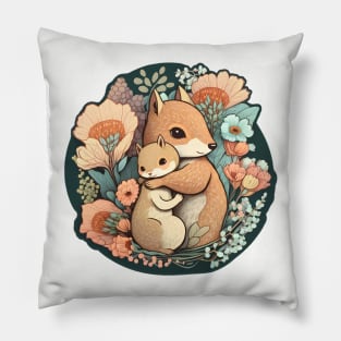 Mother and Baby Squirrel Embracing in Flowers Garden Pillow