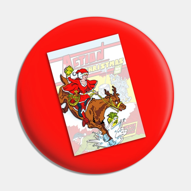 Super Lady Santa Action Christmas Comic Pin by Jokertoons