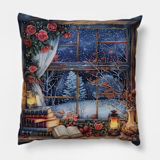 Fantasy winter starry night window Pillow