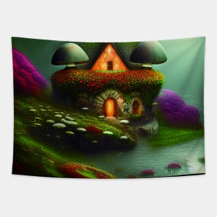 Sparkling Fantasy Cottage with Lights and Glitter Background in Forest, Scenery Nature Tapestry