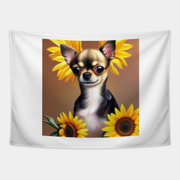 Chihuahua with Sunflowers Tapestry by TrapperWeasel