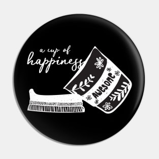 coffee cup take away with cup of happiness, doodle lino cut black and white minimal design Pin