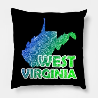 Colorful mandala art map of West Virginia with text in blue and green Pillow