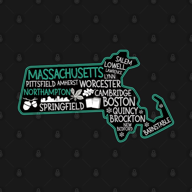 Massachusetts Northampton cute map Salem Lowell Lawrence Lynn Springfield by BoogieCreates